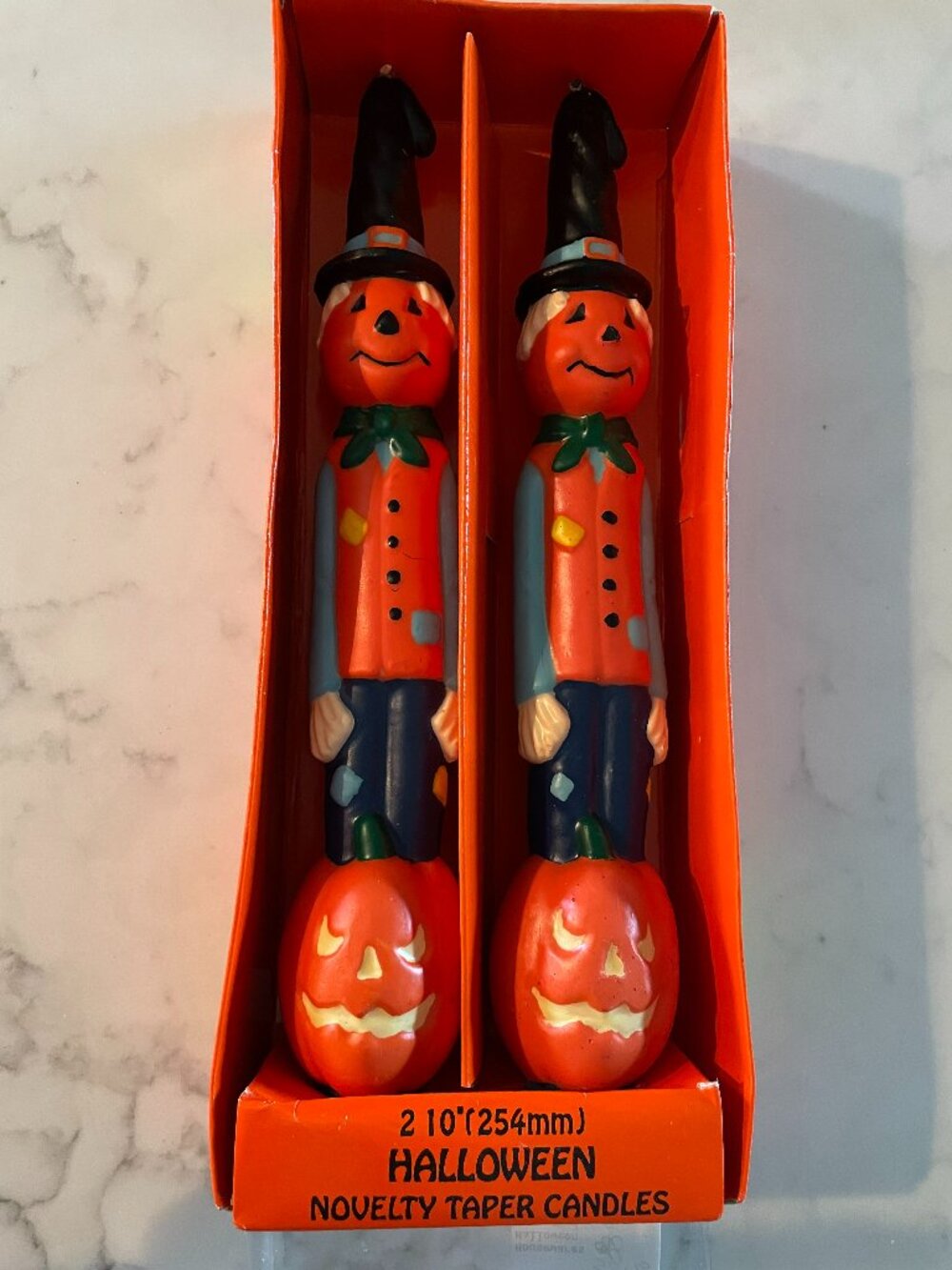 Set of 2 Vintage Halloween Taper Candles Scarecrow Pumpkin themes 10”